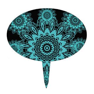 Teal Blue and Black Lace Snowflake Mandala Cake Toppers