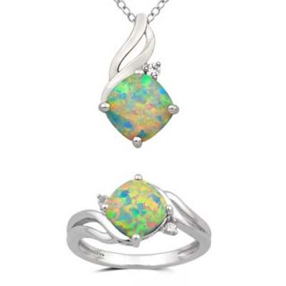 0mm Cushion Cut Lab Created Opal and White Sapphire Pendant and Ring