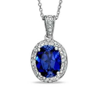 Oval Lab Created Sapphire and Diamond Accent Pendant in Sterling