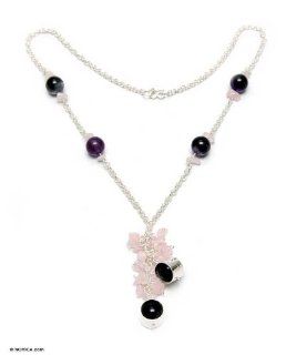 Amethyst and rose quartz long necklace, 'Lilac Mirror' Pendant Necklaces Jewelry