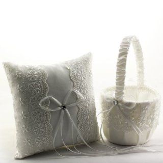 Remedios Boutique 2 piece Set of Satin Flower Girl Basket and Ring Bearer Pillow in White with Lace Detail   Party Favors