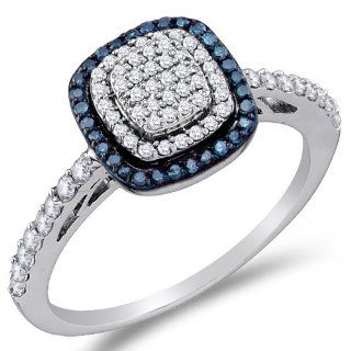 10K White Gold White and Blue Diamond Halo Engagement OR Fashion Right Hand Ring Band   Square Princess Shape Center Setting w/ Channel Set Round Diamonds   (.43 cttw) Jewelry
