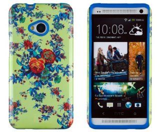 DandyCase 2in1 Hybrid High Impact Hard Colorful Green Rose Flower Pattern + Blue Silicone Case Cover For HTC One M7 4G LTE + DandyCase Screen Cleaner Cell Phones & Accessories