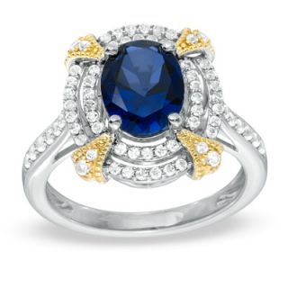 Oval Lab Created Blue and White Sapphire Ring in Two Tone Sterling