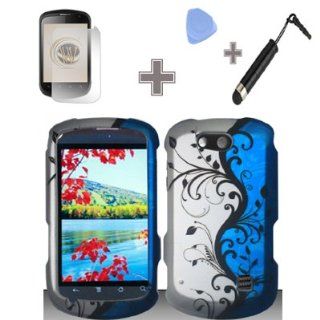 Rubberized Blue Black Silver Vine Flower Snap on Design Case Hard Case Skin Cover Faceplate with Screen Protector, Case Opener and Stylus Pen for ZTE Groove X501   Cricket Cell Phones & Accessories