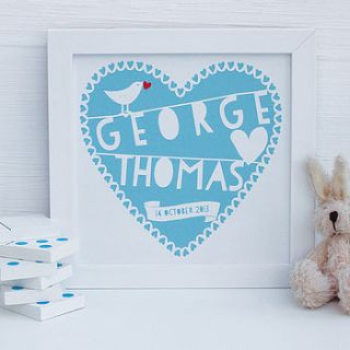 personalised blue heart new baby framed print by birdyhome