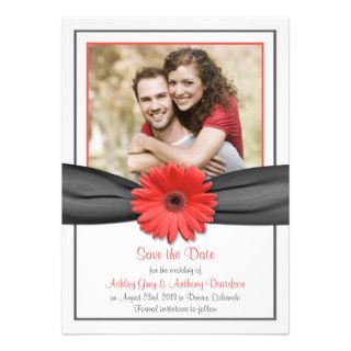 Coral Gerbera Grey Ribbon Wedding Save the Date Announcements