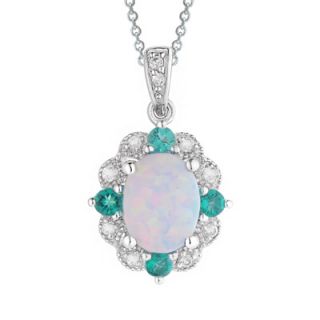 Oval Lab Created Opal, White Sapphire and Emerald Pendant in Sterling