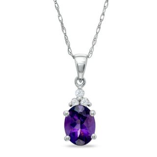 Oval Amethyst and Tri Top Diamond Accent Pendant in 10K White Gold