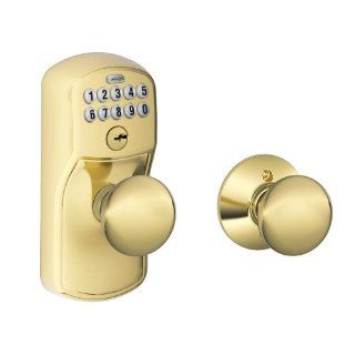Schlage FE575 PLY 505 PLY Plymouth Keypad Entry with Auto Lock and Plymouth Knobs, Bright Brass   Keyless Entry Door Lock  