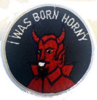 3" Round I WAS Born Horny Devil Lucifer Face Funny Logo RED Blue Iron on Patch Clothing