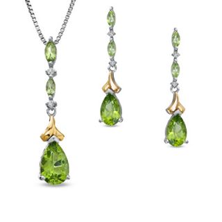 Pear Shaped Peridot and Diamond Accent Pendant and Earrings Set in