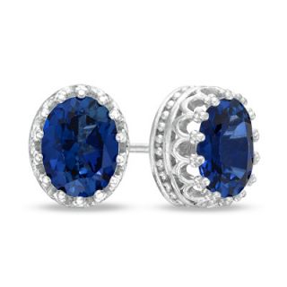Oval Lab Created Blue Sapphire Crown Earrings in Sterling Silver