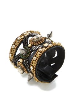 Wide Black Leather & Crystal Bracelet by Deepa Gurnani