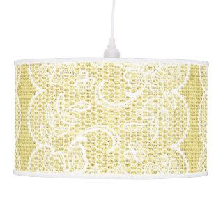 Elegant scalloped white lace on yellow burlap pendant lamp