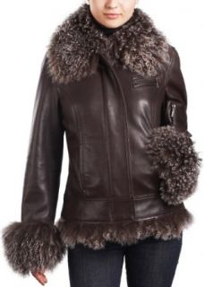 Jessie G. Women's Mongolian Lamb Fur Trim Lambskin Leather Jacket   Brown S Leather Outerwear Jackets