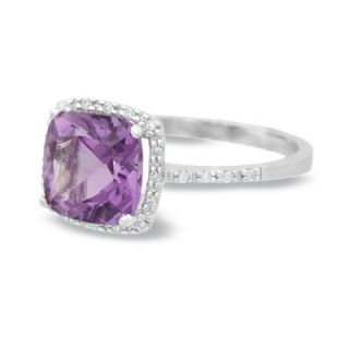Cushion Cut Amethyst Ring in 14K White Gold with Diamond Accents