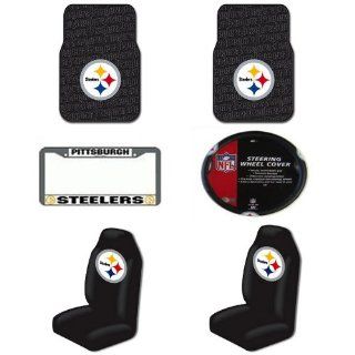 NFL Pittsburgh Steelers 6 PC Auto Accessories Combo Kit   Rubber Floor Mats, Seat Covers, Steering Wheel Cover and Chrome License Plate Frame Automotive