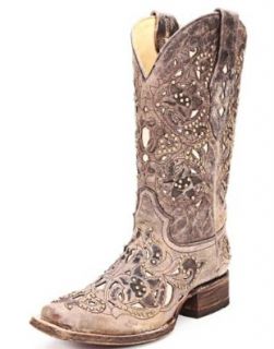 Corral Ladies Square Toe Brown Crater Bone Inlay And Studs Western Boot Shoes