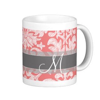 Modern Lace Damask Pattern   Coral and Gray Coffee Mugs