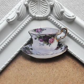 purple floral wooden teacup brooch by artysmarty