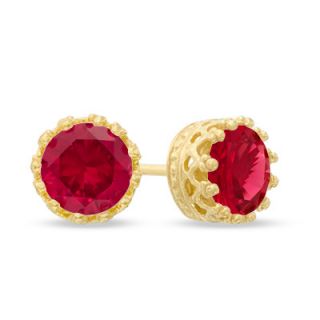 0mm Lab Created Ruby Crown Earrings in Sterling Silver with 14K Gold