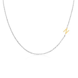 Offset Letter N Initial Necklace in Sterling Silver and 14K Gold