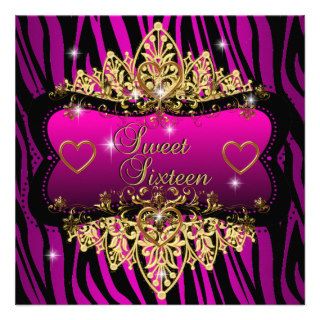 Sweet 16 Sixteen Birthday Zebra  Pink Gold Black Personalized Announcements