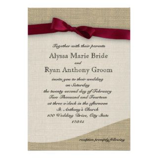 Cranberry Ribbon and Burlap Wedding Personalized Invitation