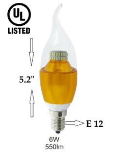 6 Watt, LED Candelabra E12 Base Light Bulb (60w Incandescent Replacement), Omni directional, 530 Lumens, Warm White 3000k, Chandelier Flame Tip Shape, Clear Glass Cover, Gold Base  UL Listed     