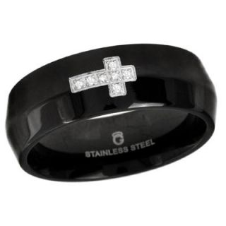 Mens Diamond Accent Cross Wedding Band in Black Ion Plated Stainless