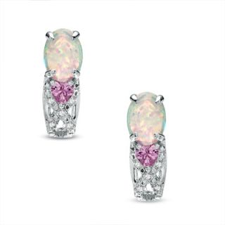 Lab Created Opal and Heart Shaped Pink Sapphire Earrings in 10K White
