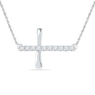 Lab Created White Sapphire Sideways Cross Necklace in Sterling Silver