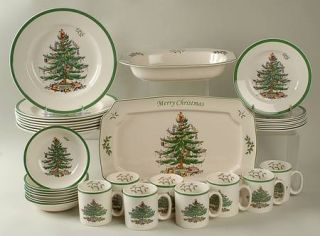 Spode Christmas Tree Green Trim 34 Piece Set, Fine China Dinnerware   Newer Back