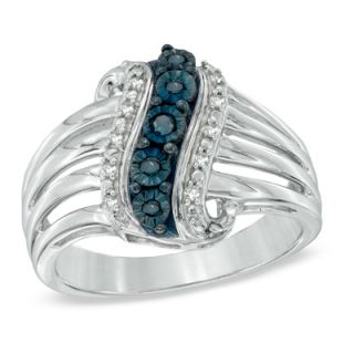 Enhanced Blue and White Diamond Accent Linear Wave Ring in Sterling