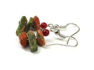 Unakite Polished Gemstone Chips with Red Bamboo Coral Dangle Earrings Creative Ventures Jewelry