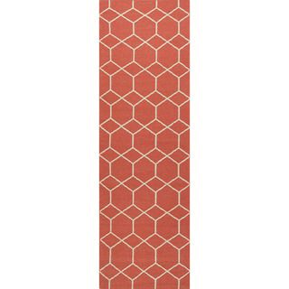 Handmade Flat weave Geometric pattern Red/ Orange Runner Rug (26 X 8)