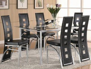 7pc Dining Set with Glass Top Metal legs Matte Silver Finish Black Furniture & Decor
