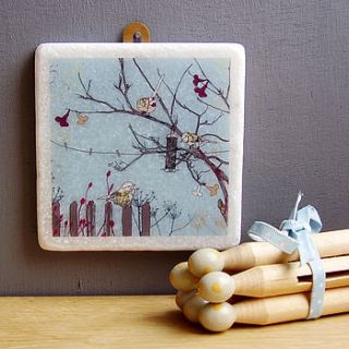 birds at feeder decorative marble tile by littlebirdydesigns