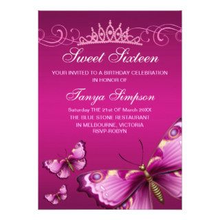 Pink Sweet16 Butterfly & Tiara Birthday Invitation