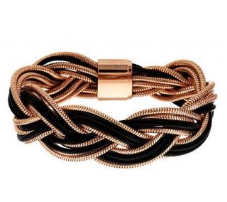 Bronzo Italia Braided Leather and Snake Chain Bracelet with Magnetic Clasp —
