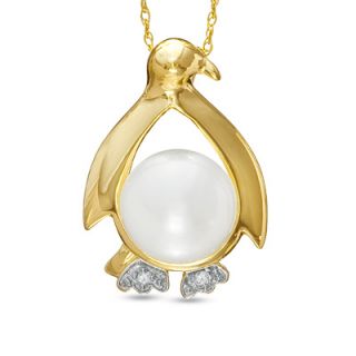 0mm Cultured Freshwater Pearl and Diamond Accent Penguin Pendant in