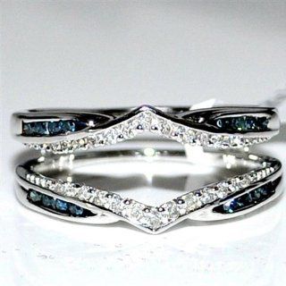 Blue and white diamond Jacket ring .31ct 14K White Gold Solitaire Enhancer Guard new Jewelry