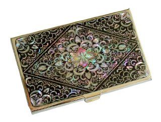 Business Card case holder   pocket size with mother of pearl illustration design arabesque "Dangchomun", colorfull stainless steel engraved 