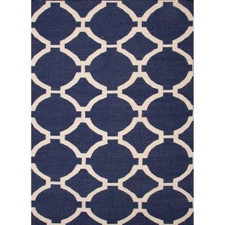 Handmade Flat weave Geometric Pattern Blue 100 percent Wool Rug (5 X 8)
