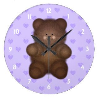Purple Hearts Teddy Bear Wall Clock On Blue