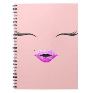 Girly whimsical pink glitter lips tatoo spiral notebooks