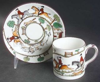 Crown Staffordshire Hunting Scene Flat Cup & Saucer Set, Fine China Dinnerware  