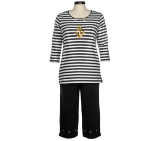 Quacker Factory Sequin Anchor Nautical Stripe Knit Tunic and Pants Set —