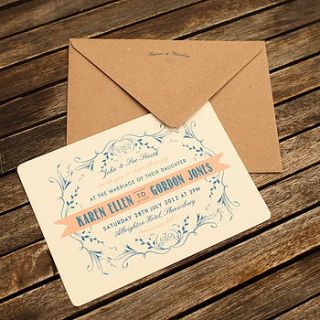 vintage coral & navy blue wedding invitation by artcadia